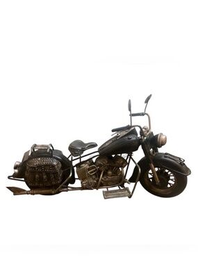 Vintage Metal Motorcycle Sculpture – Black & Silver Detailed Bike Decor 11”